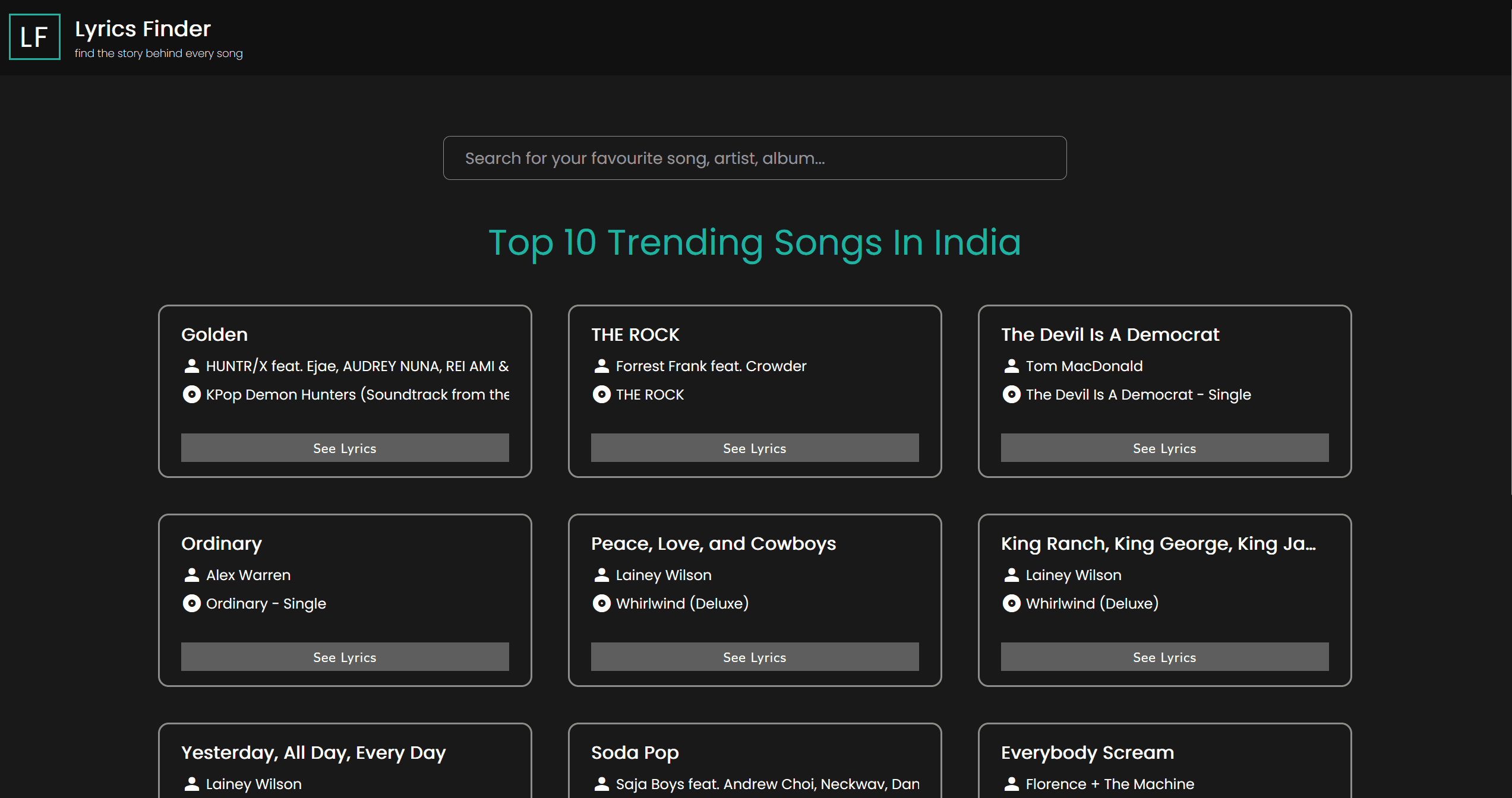 Lyrics Finder web app screenshot